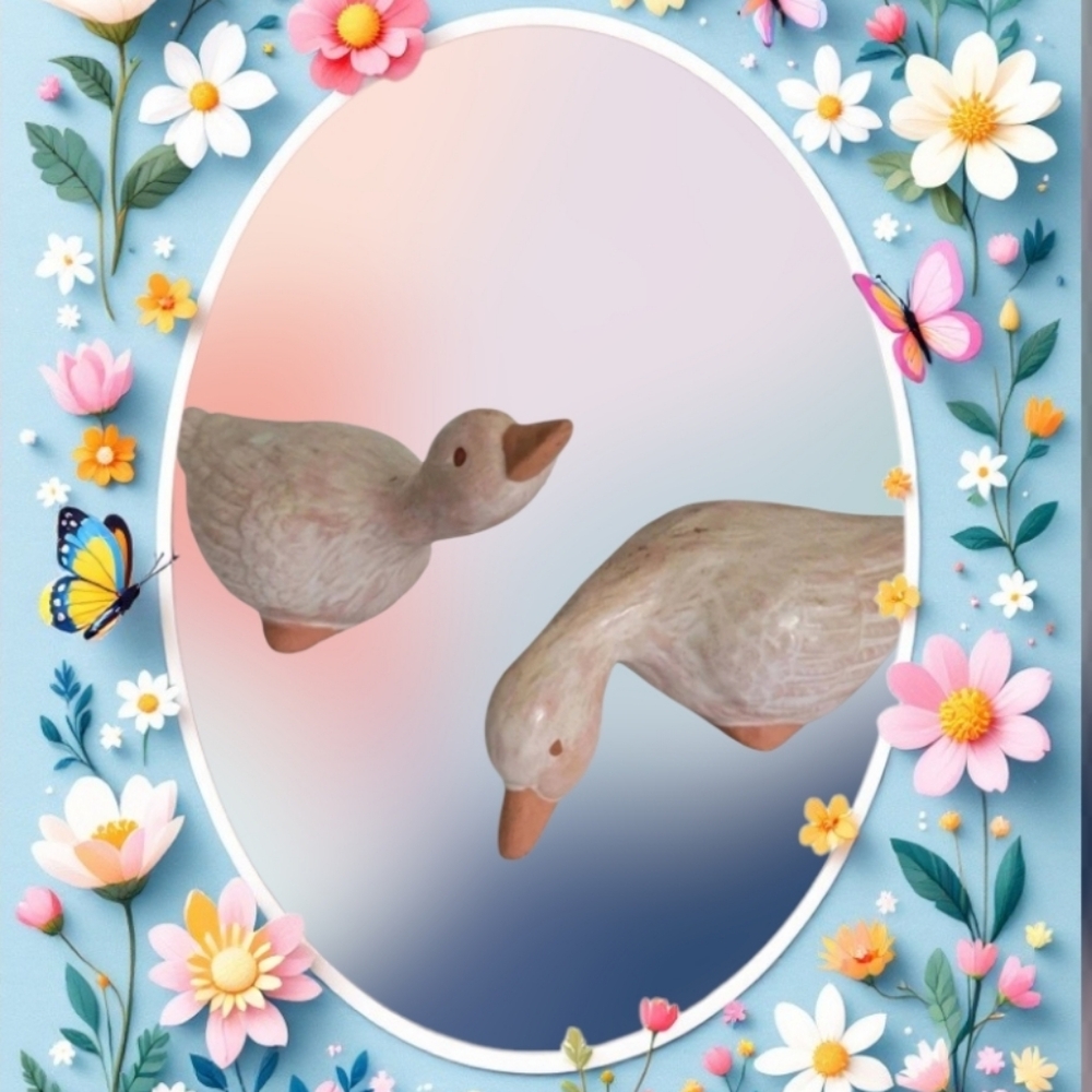 Set of 2 Vintage Light Pink Ceramic/Clay‎ Duck Figurines, 5" L